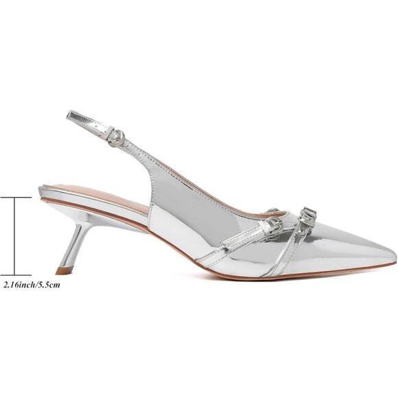 Women's Silver Pointed Toe Pumps Patent Leather Low Heel Slingback with Buckle - Picture 3 of 6